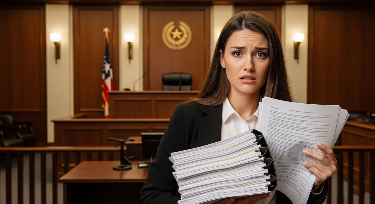 A woman in a suit stands in a courtroom holding a large stack of paperwork, looking concerned. The judge’s bench, an American flag, and a seal are visible in the background.