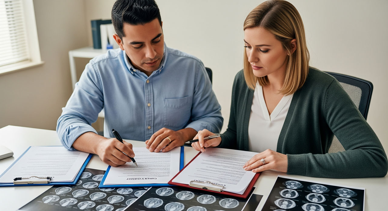 Two professionals sit at a desk reviewing documents on clipboards, with several brain scan images spread out in front of them, suggesting a discussion about medical or neurological cases.