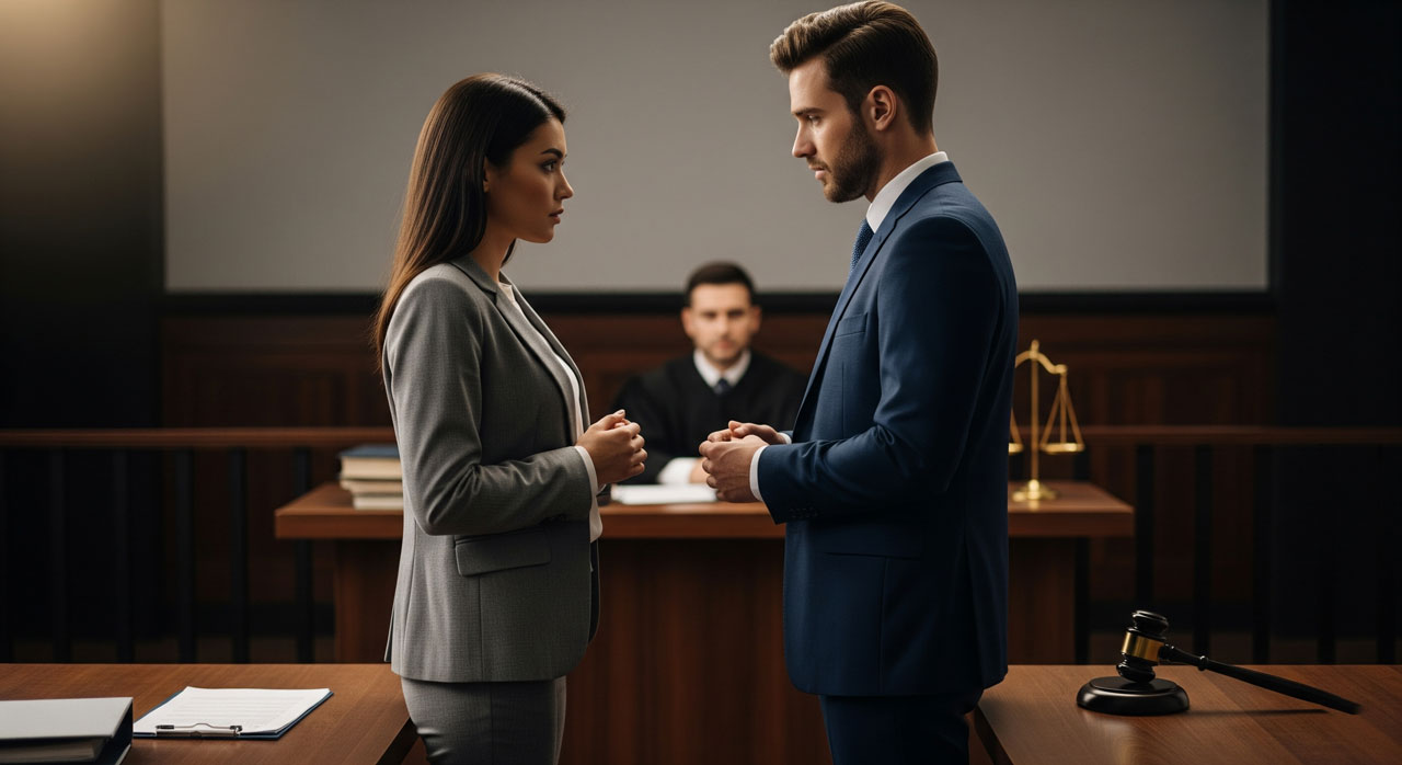 A woman and a man in business suits stand facing each other in a courtroom, with a judge seated behind them. Legal documents, a gavel, and scales of justice are visible on the tables.