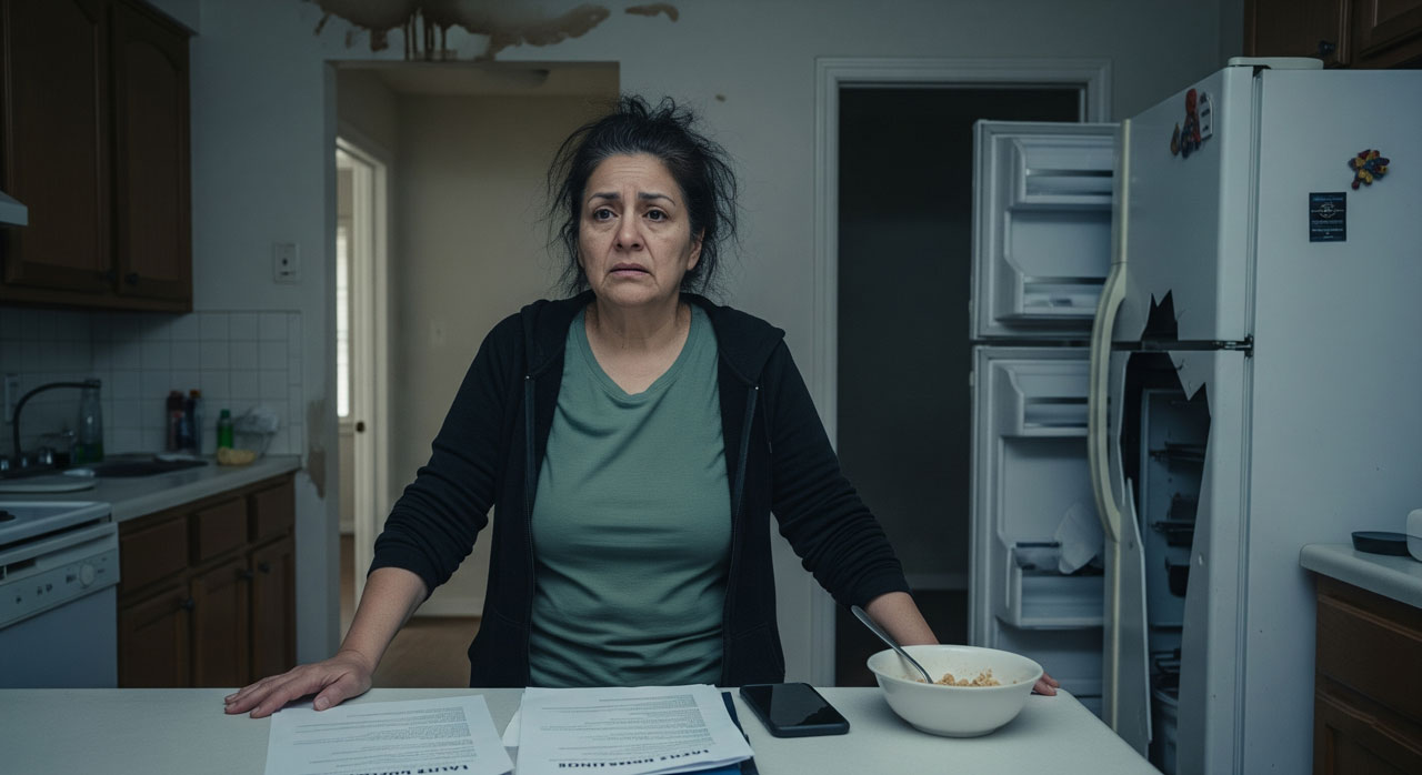 A woman stands in a dimly lit kitchen, looking worried. She is leaning on a counter with papers, a phone, and a bowl of cereal in front of her. The open fridge behind her is nearly empty.