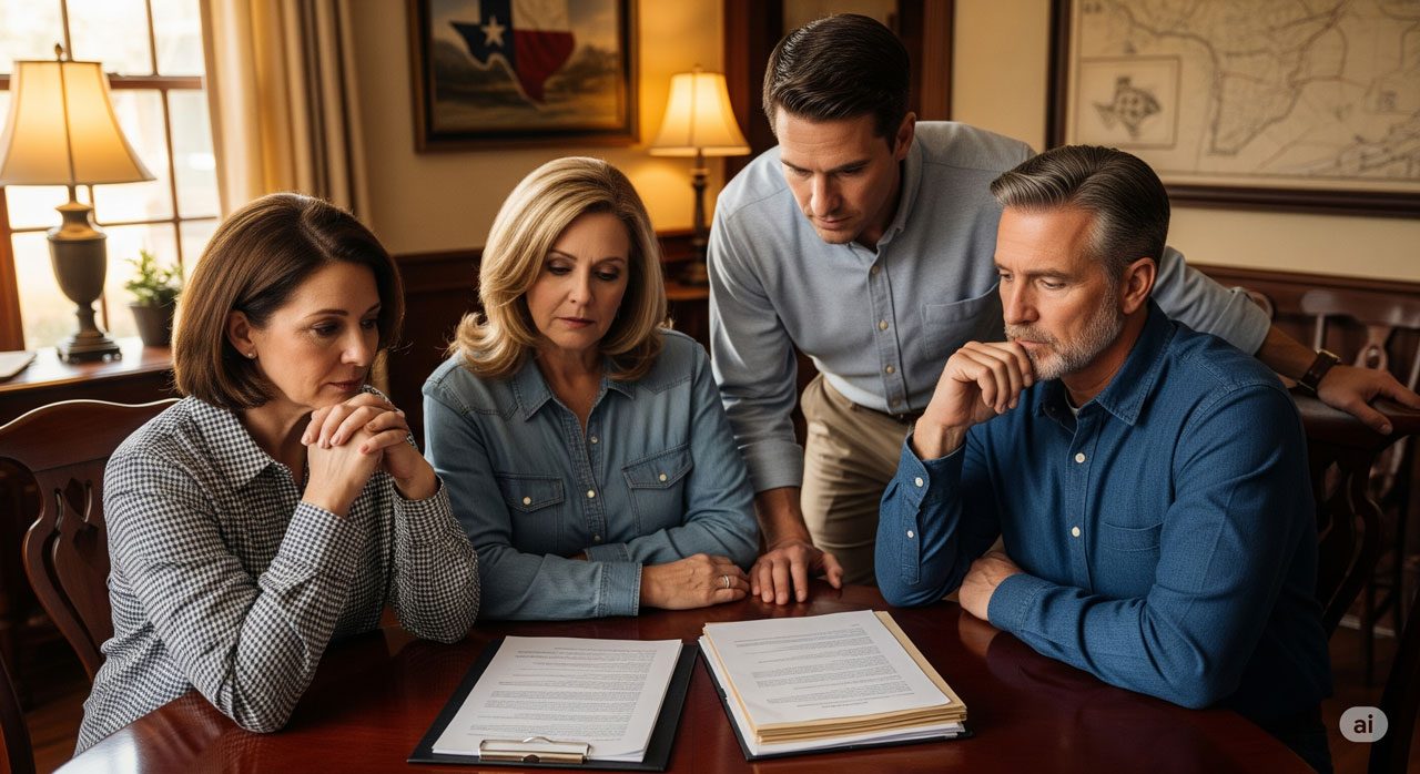 Four adults sit around a wooden table, closely reviewing legal documents. They appear serious and focused, in a warmly-lit room with framed maps and a Texas flag on the wall.