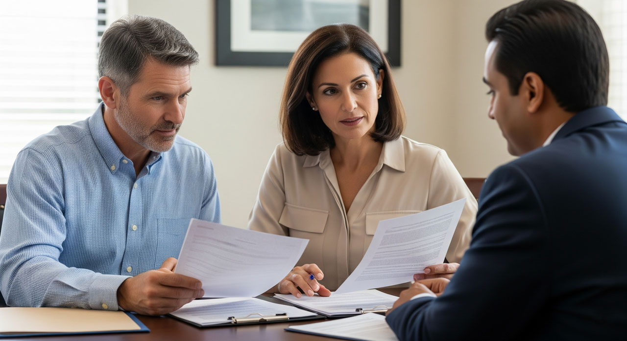 A man and woman sit across a desk from another man in an office, all holding documents and having a serious discussion, suggesting a meeting or consultation.