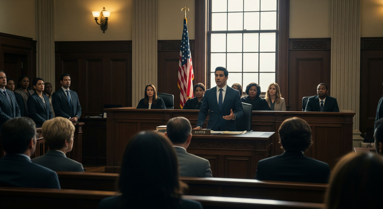 A lawyer stands and speaks in a courtroom, addressing the judge and jury. Seated people listen attentively, with an American flag and large window in the background. The scene is formal and serious.