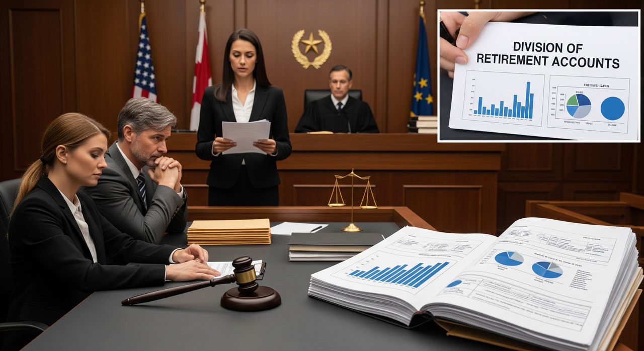 A courtroom scene with two lawyers and a client sitting at a table, legal documents and a gavel in front of them; a judge and another person stand behind. Inset shows a chart titled "Division of Retirement Accounts.