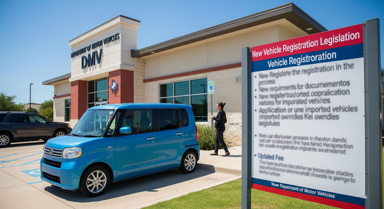 A blue car is parked outside a DMV building. A woman is walking toward the entrance. In the foreground, a sign details new vehicle registration legislation and restoration requirements.