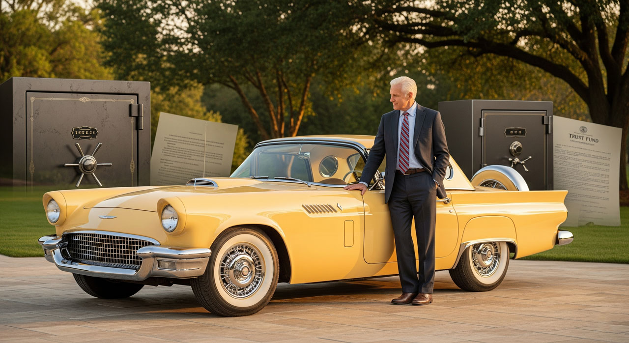 A well-dressed man stands beside a vintage yellow car, with large safes and oversized trust fund documents in the background, set in a park-like area with green trees.