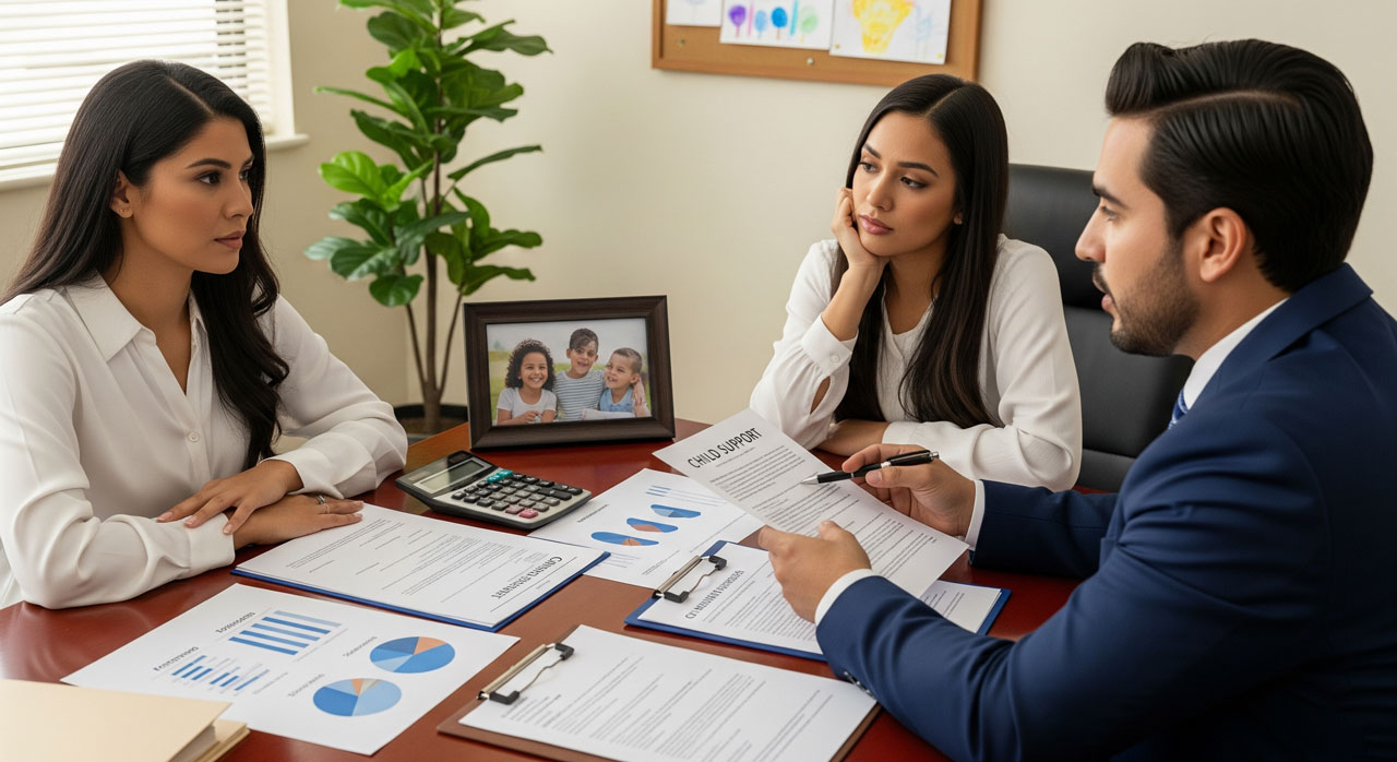 Three professionals sit at a desk with charts, documents, and a calculator, discussing paperwork. A family photo and potted plant are on the desk, and a corkboard with papers is visible in the background.