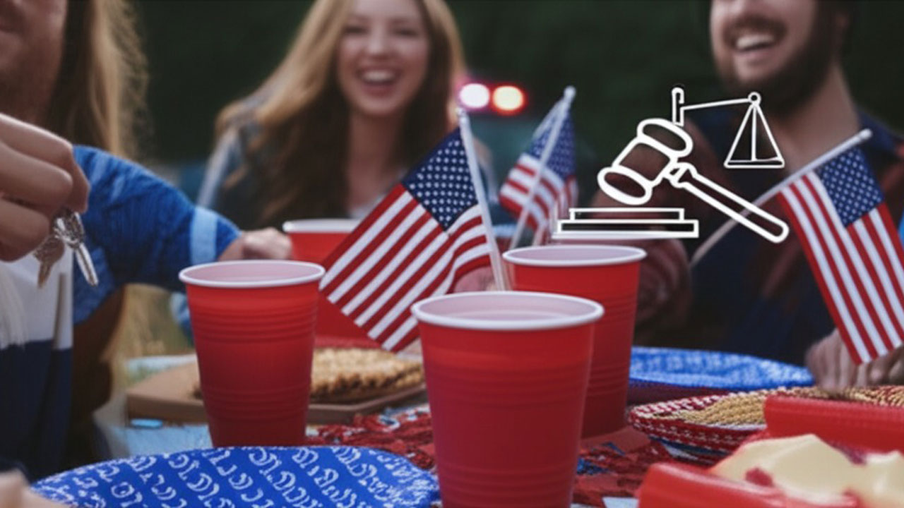 A group of people smiles around a table with American flags, red plastic cups, and food. A white legal icon with a gavel and scales is overlaid on the image.