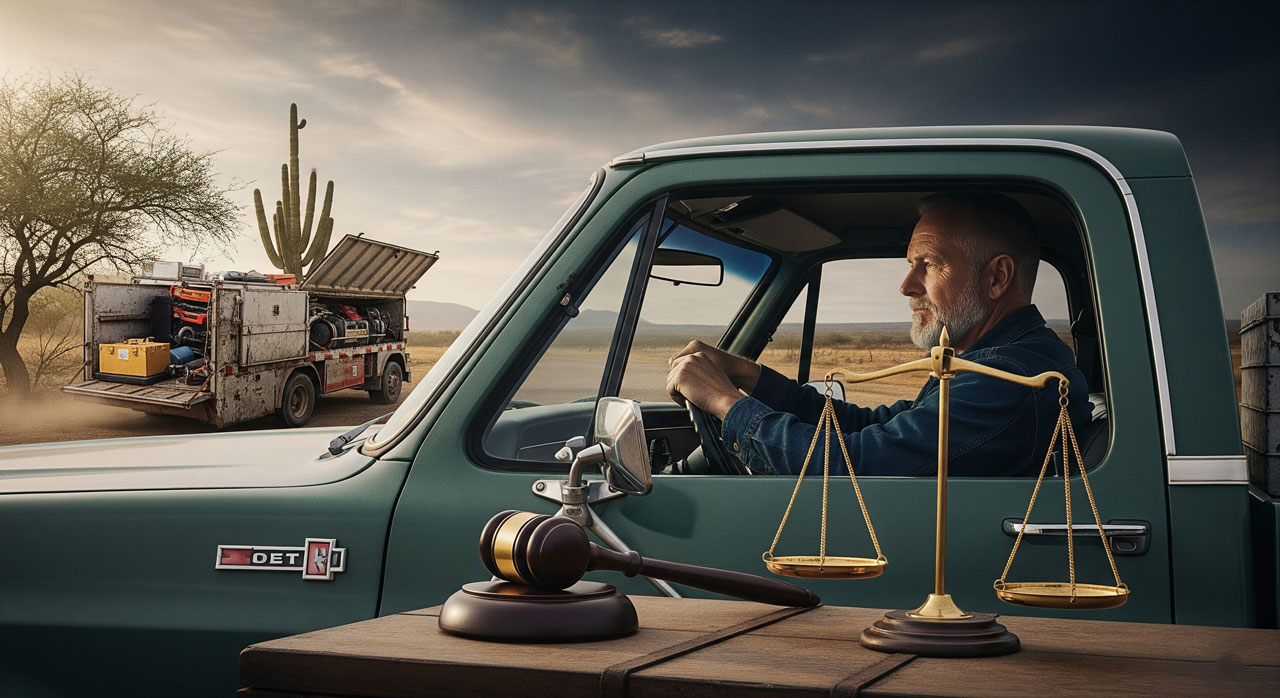 A man sits in a green vintage pickup truck in a desert setting with a cactus and a trailer loaded with tools behind him. In the foreground, a judge’s gavel and scales of justice rest on a wooden table.