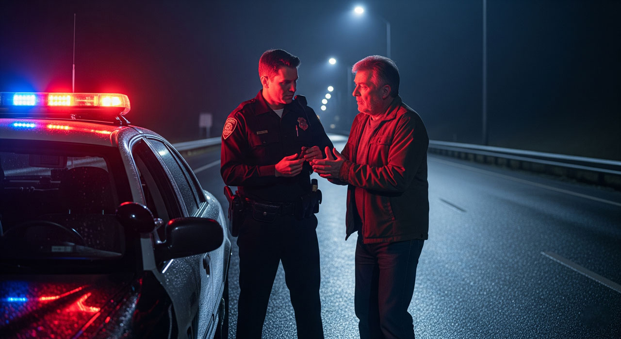 A police officer talks to a concerned man beside a patrol car with flashing lights on a deserted highway at night, illuminated by streetlights.