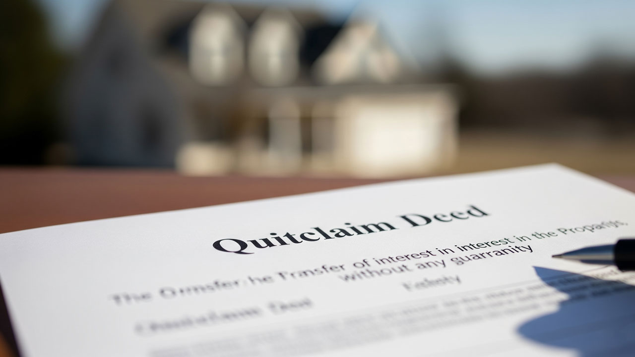 A close-up of a quitclaim deed document on a table with a pen resting on it, and a blurred house in the background.