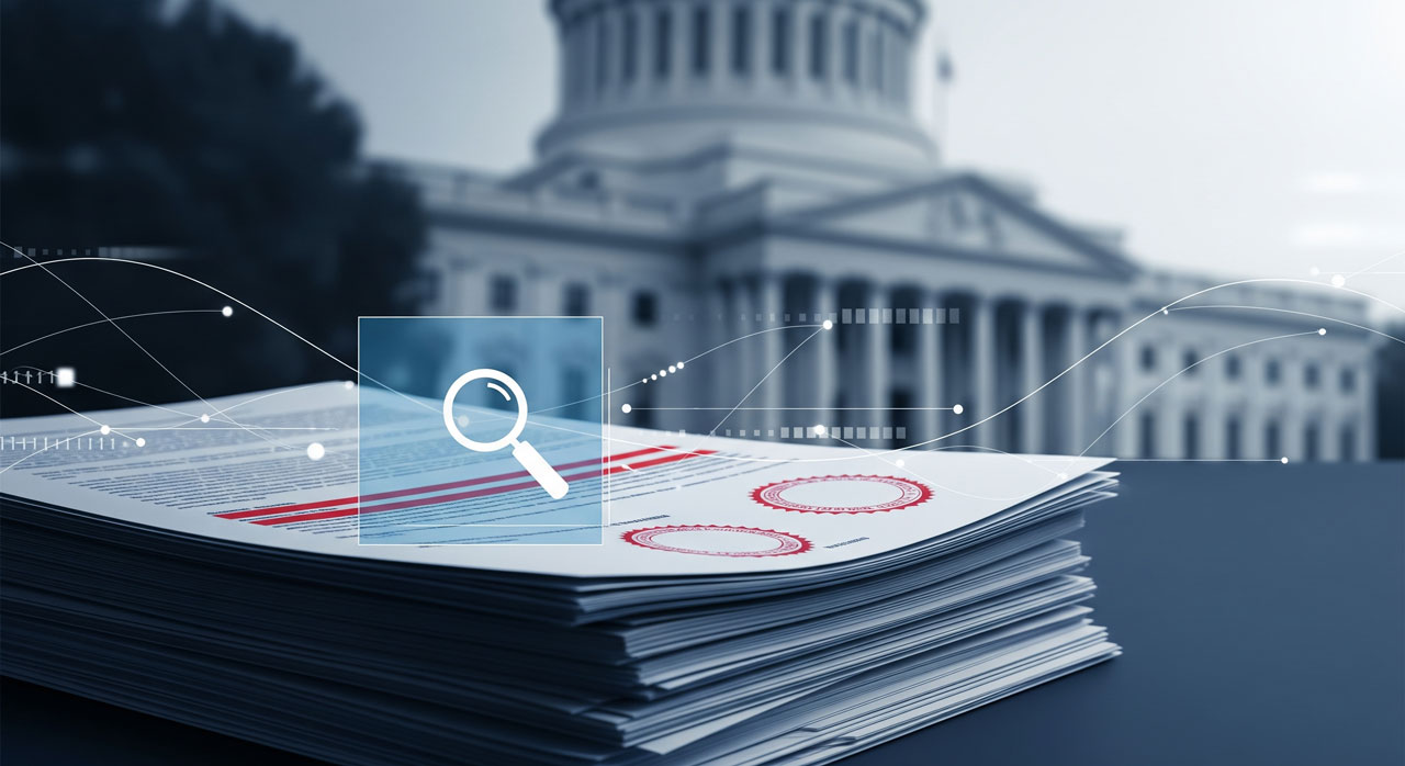 A stack of documents with highlighted sections and official seals sits in front of a government building, with a magnifying glass icon and digital data graphics overlayed.