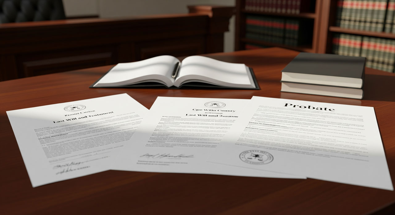 Three legal documents, including two titled "Last Will and Testament" and one titled "Probate," are spread out on a wooden desk in a courtroom, with open and closed books in the background.