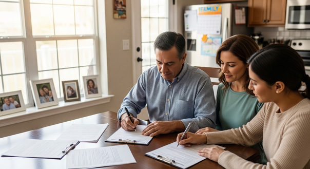 Three people sit at a wooden table in a bright kitchen, reviewing and signing documents together. Family photos and papers are visible on the table, and sunlight streams through a window behind them.