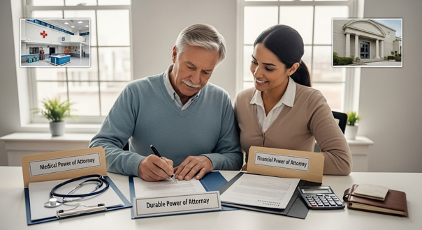 A smiling child in a yellow top playfully covers the eyes of both adults sitting beside her at a table with papers, books, and a laptop. The adults react with amusement in a cozy home setting.