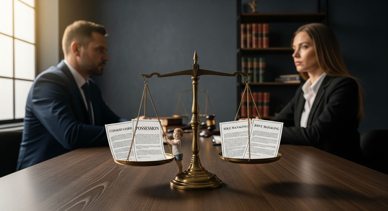 A man and woman sit across from each other at a desk with a brass balance scale holding legal documents, symbolizing a legal dispute or negotiation. Bookshelves and law books are in the background.