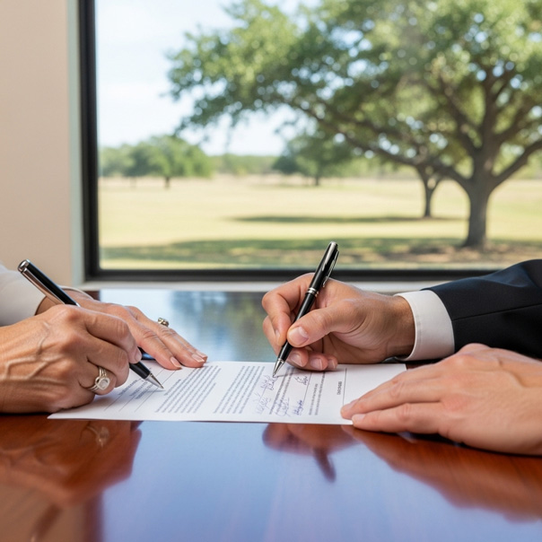 Two people sit at a wooden table, signing a document with pens in hand. A large window behind them shows green trees and an open landscape. Only their hands and part of their arms are visible.