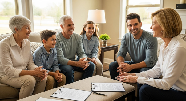 An older man signs a "Durable Power of Attorney" document at a desk with a younger woman. Folders labeled "Medical Power of Attorney" and "Financial Power of Attorney" are visible, along with a stethoscope and a calculator.