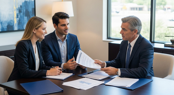 Three people in business attire sit at a desk in a modern office, reviewing documents together. Two younger colleagues listen attentively as an older man explains something, holding a paper. There are folders and charts on the desk.