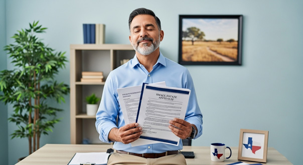 A smiling child in a yellow top playfully covers the eyes of both adults sitting beside her at a table with papers, books, and a laptop. The adults react with amusement in a cozy home setting.