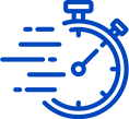 Blue outline of a stopwatch with motion lines on the left, suggesting speed or quickness.
