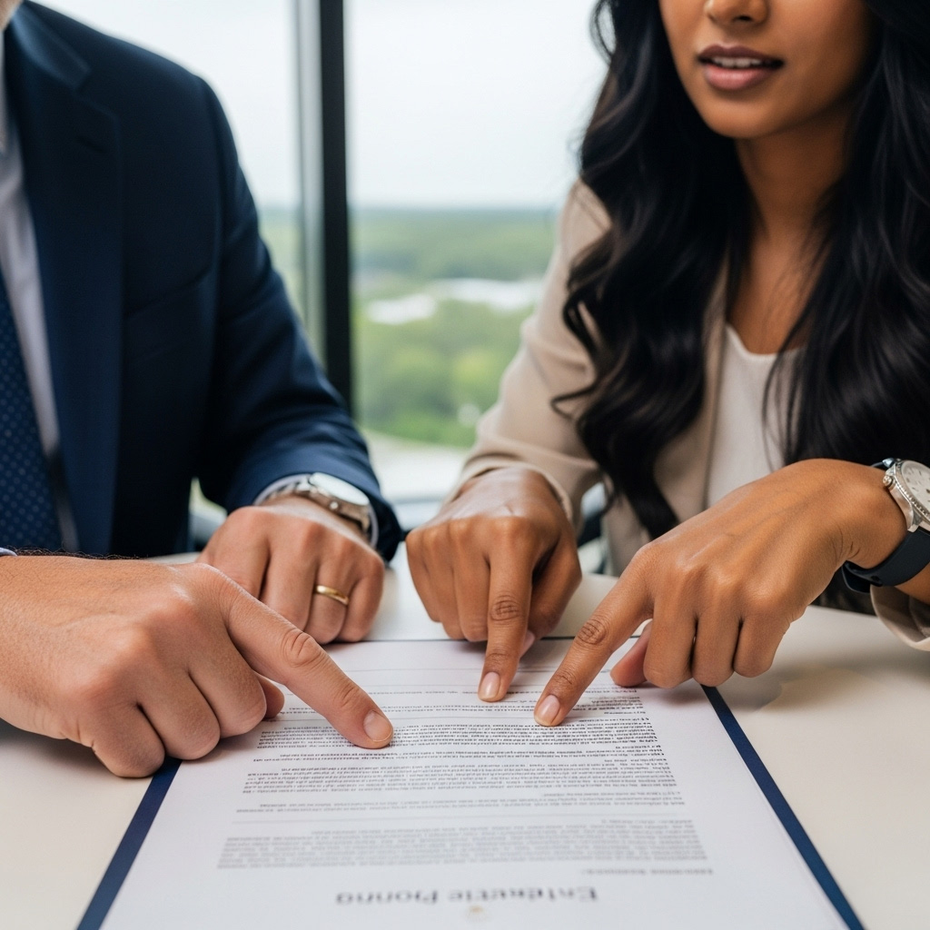 Two people in business attire sit at a table, closely examining and pointing at a document together, suggesting a discussion or review of important paperwork. A large window with a blurred outdoor view is in the background.