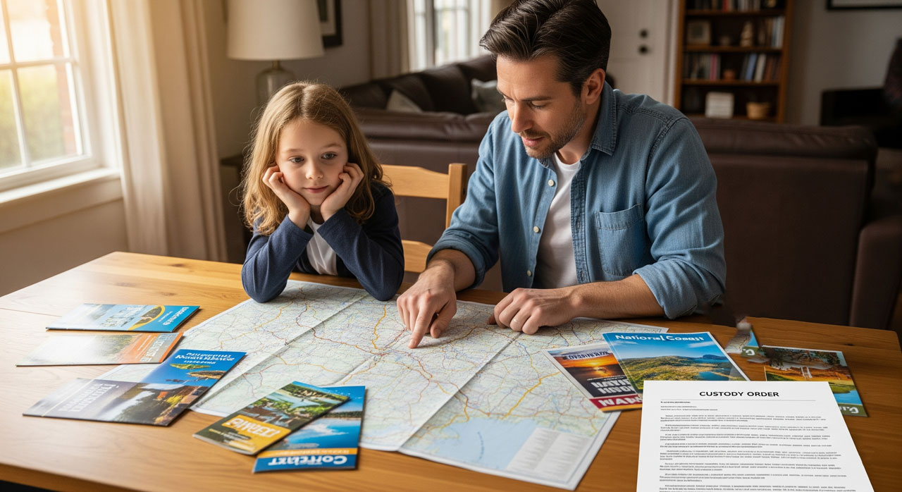 A man and a young girl sit at a table planning a trip with maps and brochures, while a document labeled "Custody Order" lies nearby. Sunlight streams through a window, creating a warm and inviting atmosphere.