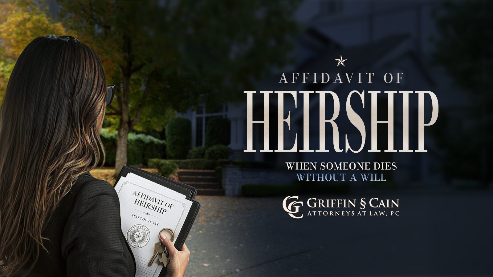 Woman holding a Texas affidavit of heirship and house keys outside an inherited home